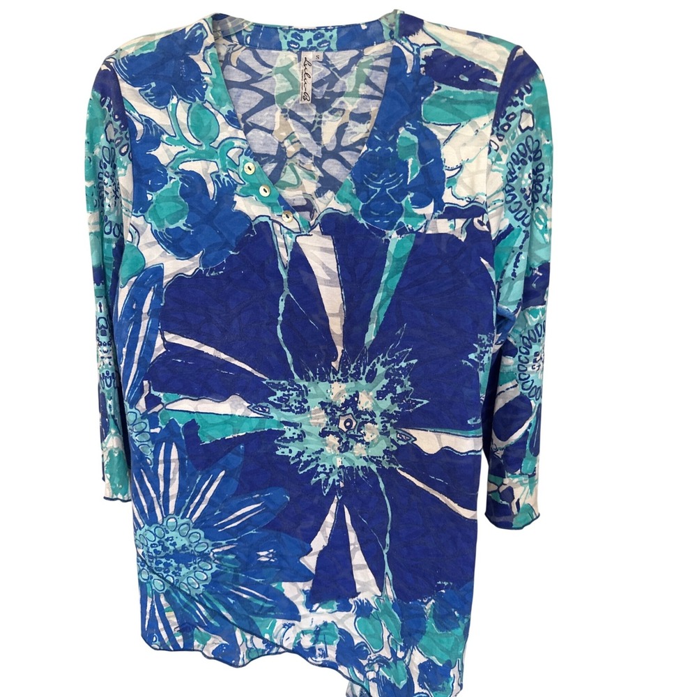 LULU B‎ Floral Tunic Hi-Low Top 3/4 Sleeve Cotton Blend Size Small Blue tropical